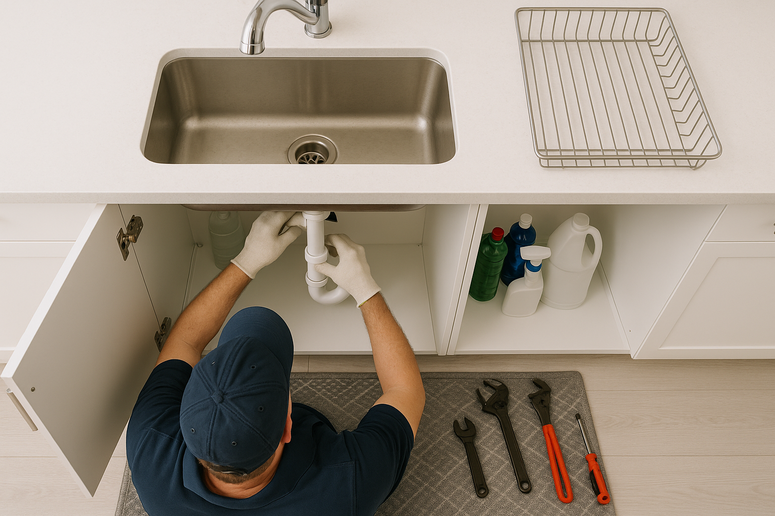A plumber in a blue hat replaces a drain on a modern sink.